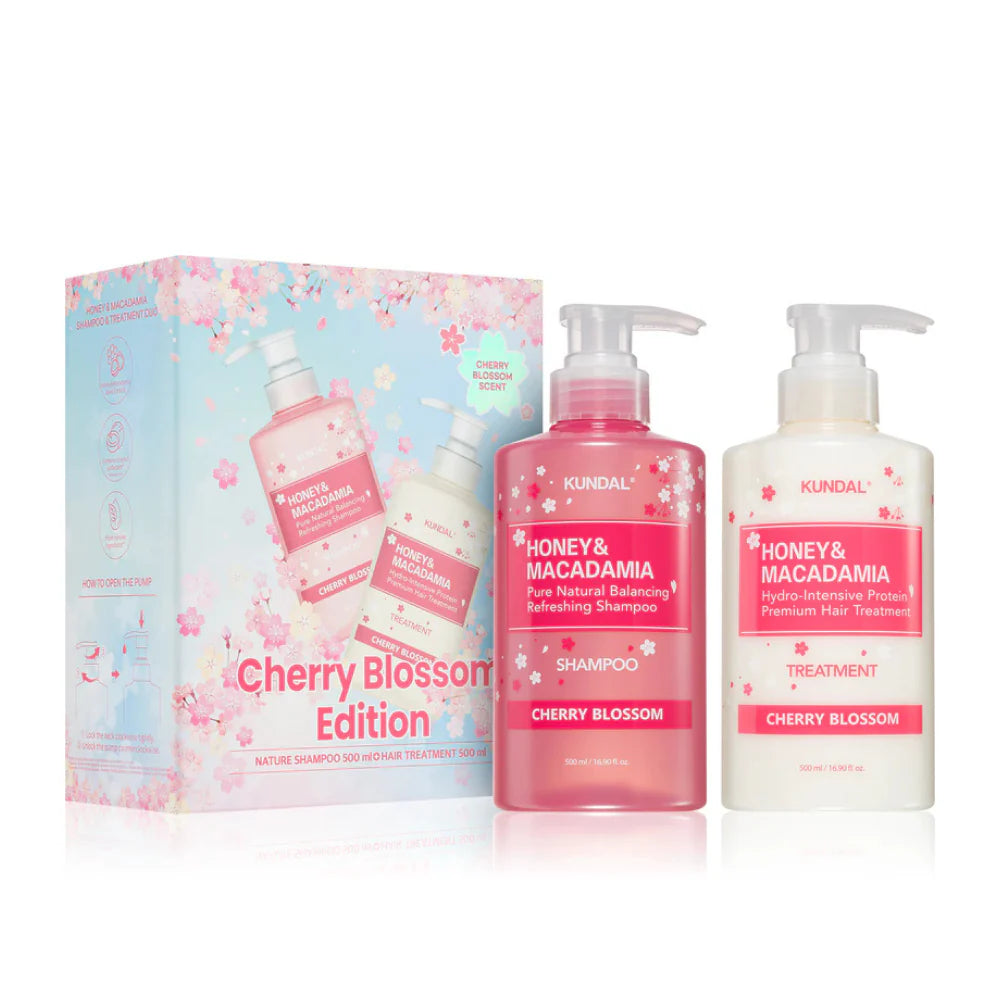 [Set de Cuidado Capilar] KUNDAL Cherry Blossom Edition (Honey & Macadamia Shampoo 500ml + Treatment 500ml)