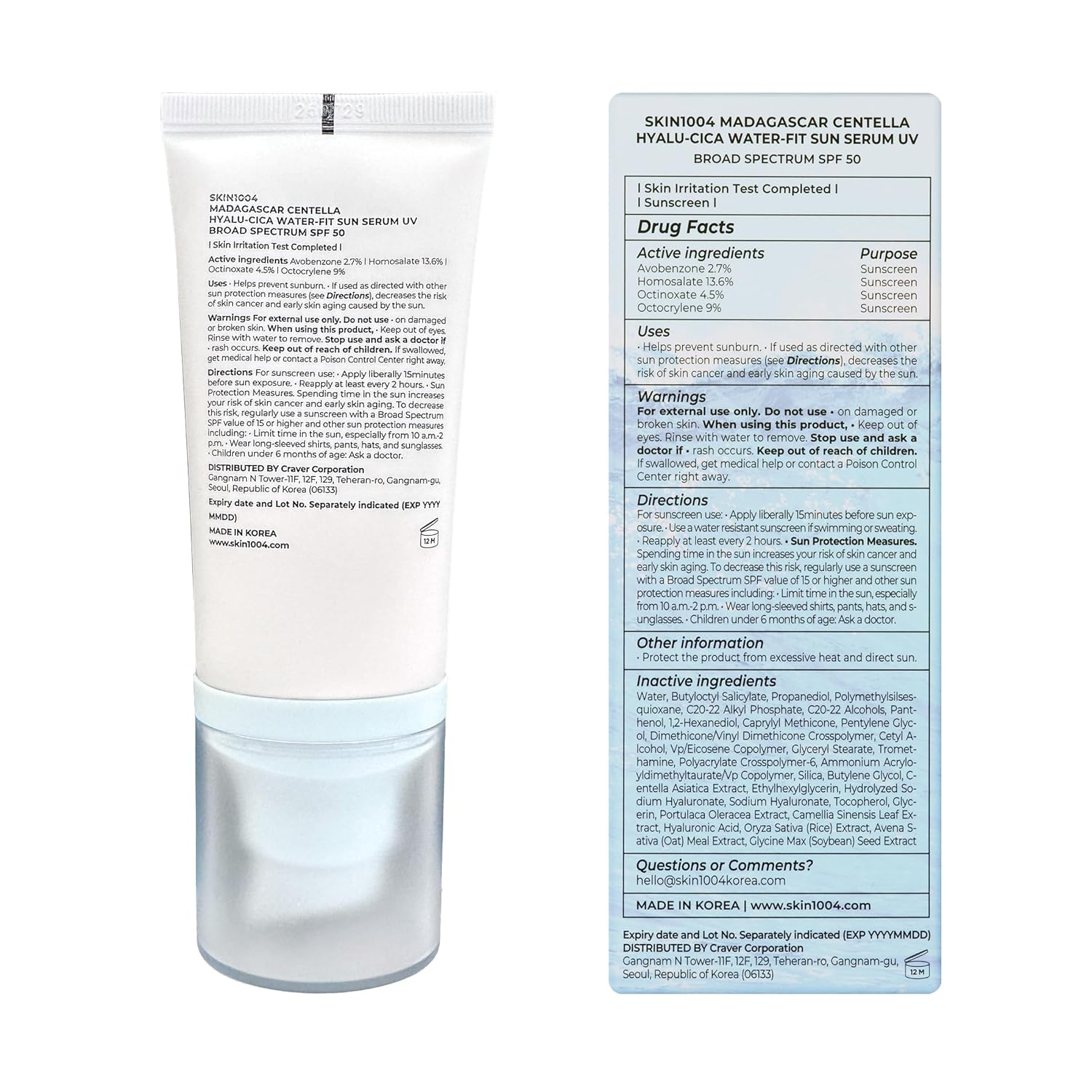 [Protector solar] SKIN1004 Madagascar Centella Hyalu-Cica Water-Fit Sun Serum UV 50ml